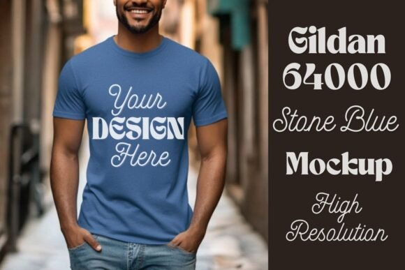 Download Gildan 64000 Stone Blue Men Mockup 19 - Premium Resources