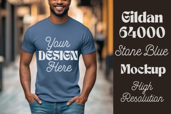 Download Gildan 64000 Stone Blue Men Mockup 18 - Premium Resources