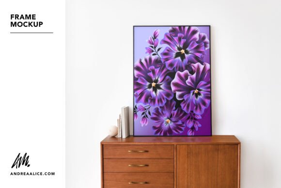 Download Framed Art Mockup on Wooden Sideboard - Mockup Collection