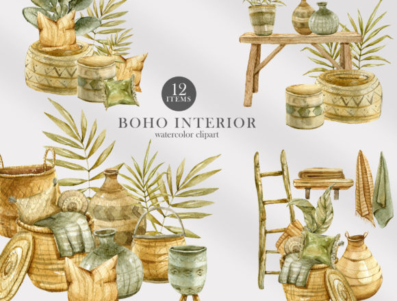 Download Watercolor Boho Interior Decor Clipart - Interior decor Collection