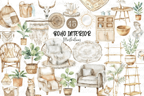 Download Watercolor Boho Interior Decor Clipart - Interior decor Collection